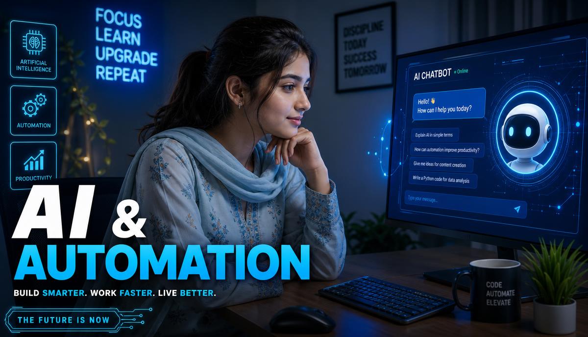 Pakistani girl learning AI and automation with chatbot
