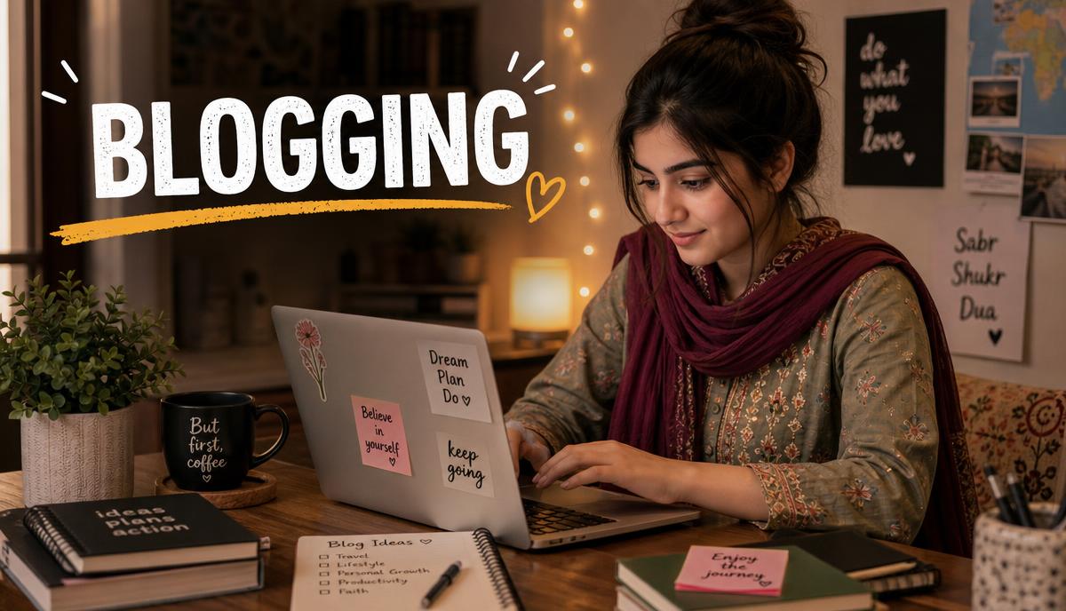 Pakistani female blogger writing on laptop