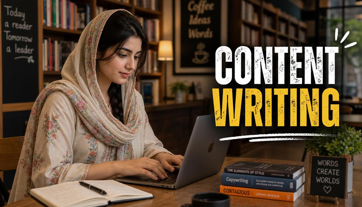 Pakistani female content writer typing article