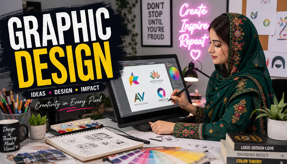 Pakistani female graphic designer creating logos