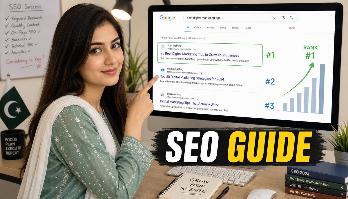 Pakistani girl showing Google search ranking chart