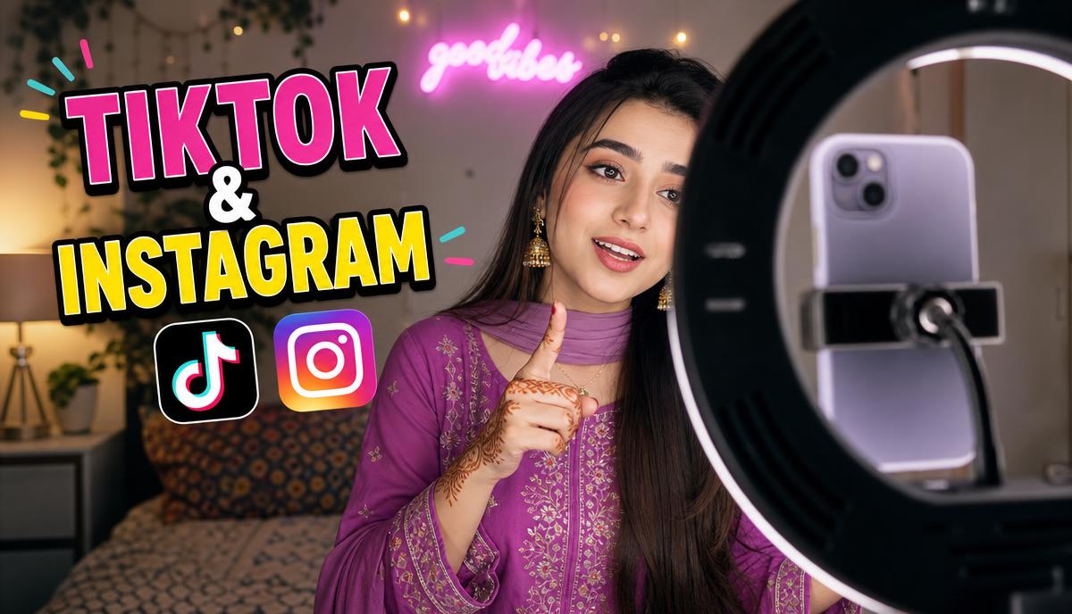 Pakistani girl filming TikTok and Instagram Reels with ring light