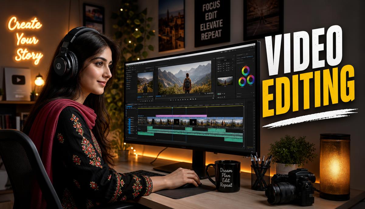 Pakistani female video editor working on timeline