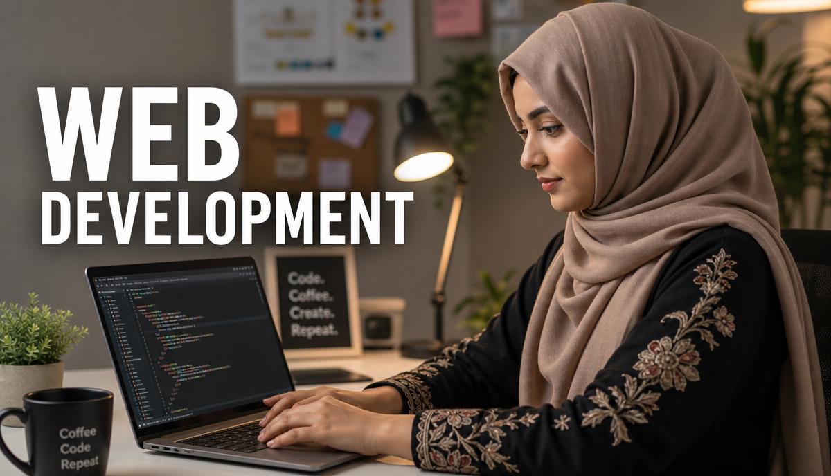 Pakistani female web developer coding on laptop